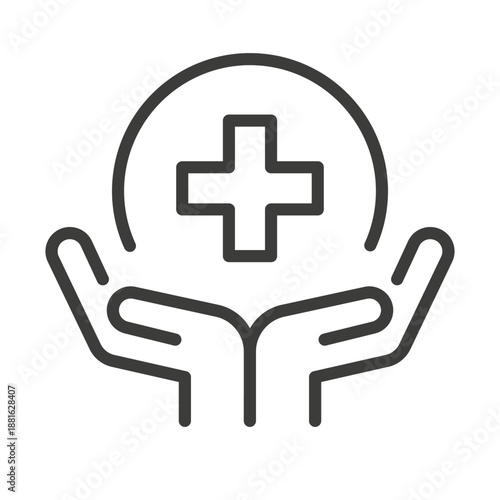 medical service icon first aid hands holding a medical cross thin line symbol on white