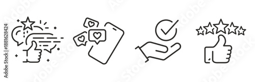 appreciation, acceptance, positive recognition, set icon of satisfaction, social media interaction icons, line vectors on white