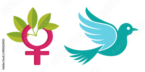 Feminist symbol with leaves and turquoise flying bird illustration  