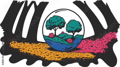 A whimsical forest scene shows green trees and hills within a glass orb, surrounded by dark shapes and colorful ground