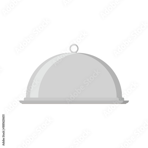 A shiny silver restaurant cloche with a lid sits on a service tray, featuring a polished chrome metal design perfect for hotel food service or a reception desk icon