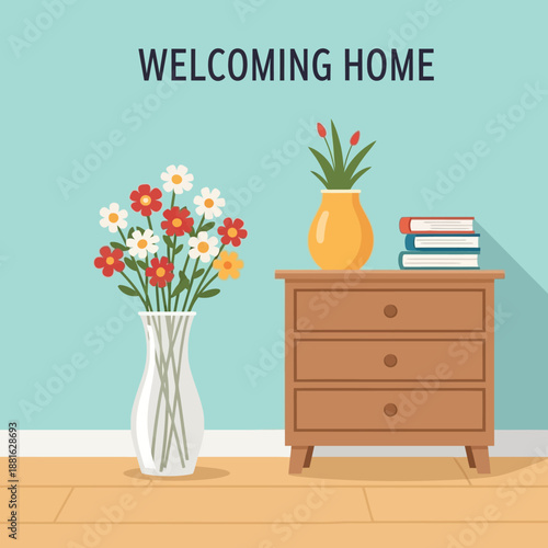 Welcoming Home: Flowers on Table with Books against Blue Wall