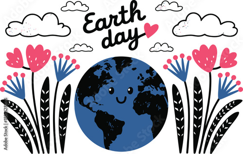 Adorable smiling Earth character surrounded by bright flowers and fluffy clouds celebrates Earth Day