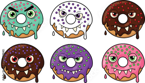 Angry monster donut cartoon set with dripping icing and expressive faces colorful flat vector illustration for fun dessert branding