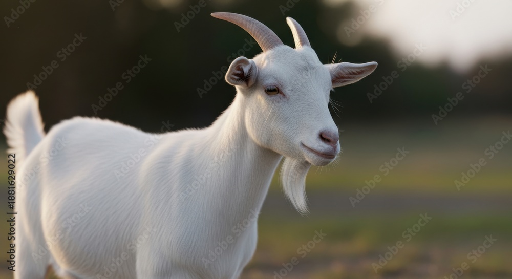 Fototapeta premium Close-up Portrait of a Pristine White Dairy Goat Standing in a Field at Sunset for Organic Farming and Sustainable Livestock Marketing.