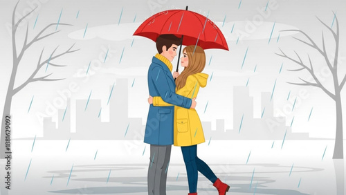Couple embracing under red umbrella in rainy city romantic weather illustration for love and relationship concepts