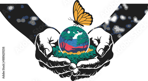Caring hands cradle a vibrant miniature Earth with a forest landscape and a beautiful butterfly
