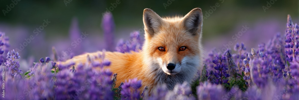 Fototapeta premium Red fox resting among purple lupines in a serene meadow at sunset