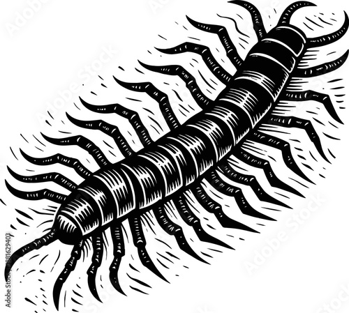 Black and White Woodcut Illustration of a Centipede with Many Legs and Segments