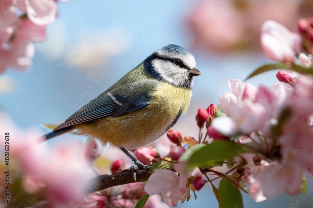 Obraz premium Blue tit perched among cherry blossoms in springtime garden scene