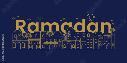 Ramadan celebration greeting design, marhaban ya ramadan. Line art gold and blue vector illustration