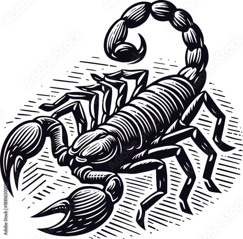 Detailed Woodcut Style Scorpion Illustration With Curled Tail and Claws