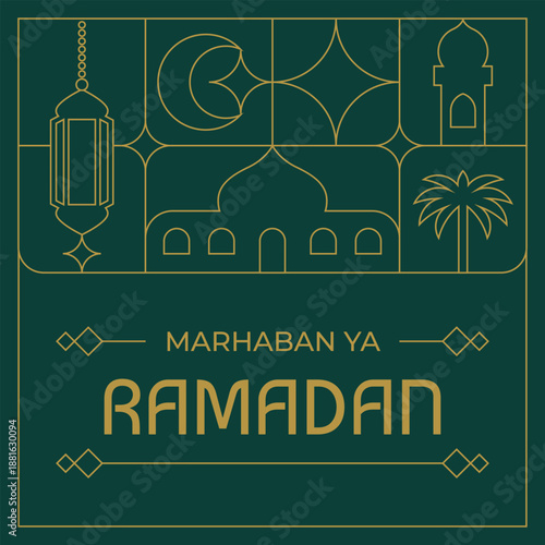 Ramadan celebration greeting design, marhaban ya ramadan. Line art gold and green vector illustration