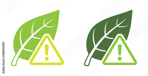 Warning signs with green leaves indicating eco alert or toxic risk. Eco warning icon composition of herbal leaves in green and natural variations. Warning vector image is composed from green herbal pa