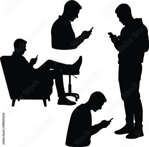 Silhouettes of people using smartphones in varied postures, digital behavior and mobile device usage illustration, transparent background graphic