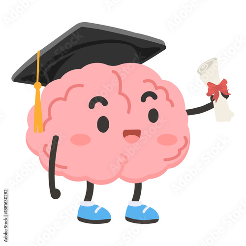 Graduation Brain Character Holding Diploma in Cheerful Academic Illustration