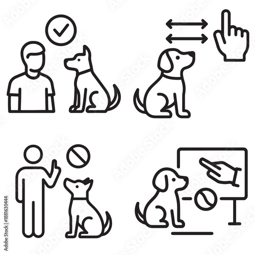 Illustrations depicting dog training instructions with positive and negative reinforcement symbols.