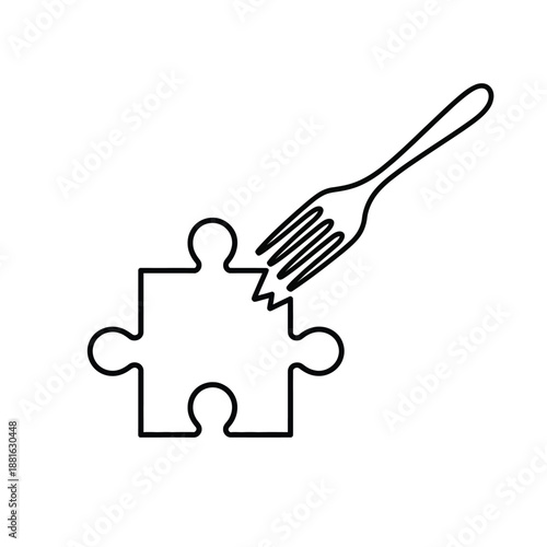 Puzzle piece being pierced by fork isolated on white background, Vector, illustration
