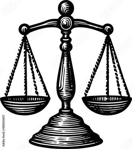 Vintage Engraved Scales Of Justice Symbol With Balanced Pans On Pedestal