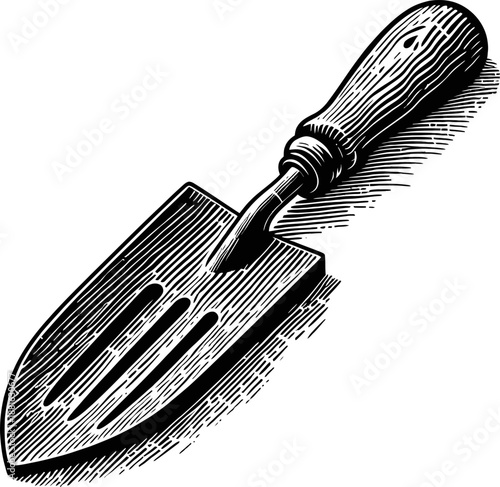 Vintage Garden Trowel With Wooden Handle Black And White Illustration
