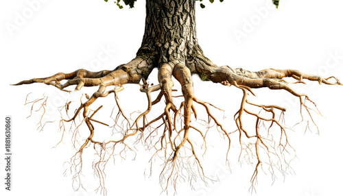 Majestic tree with exposed roots on white background.