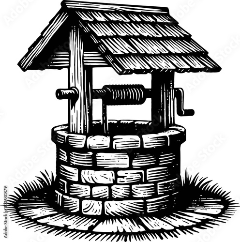 Vintage Wooden Well With Stone Base And Shingled Roof Rural Scene