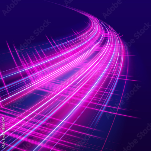 Long-exposure illustration of light trails weaving like ribbons through a digital tunnel. Fluorescent pink and teal colors dominate the scene. Depth and motion feel infinite.	