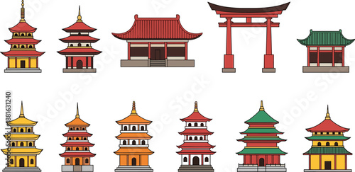 Asian temple and pagoda icons set featuring traditional Chinese Japanese architecture flat vector illustration design style cultural landmarks collection detailed