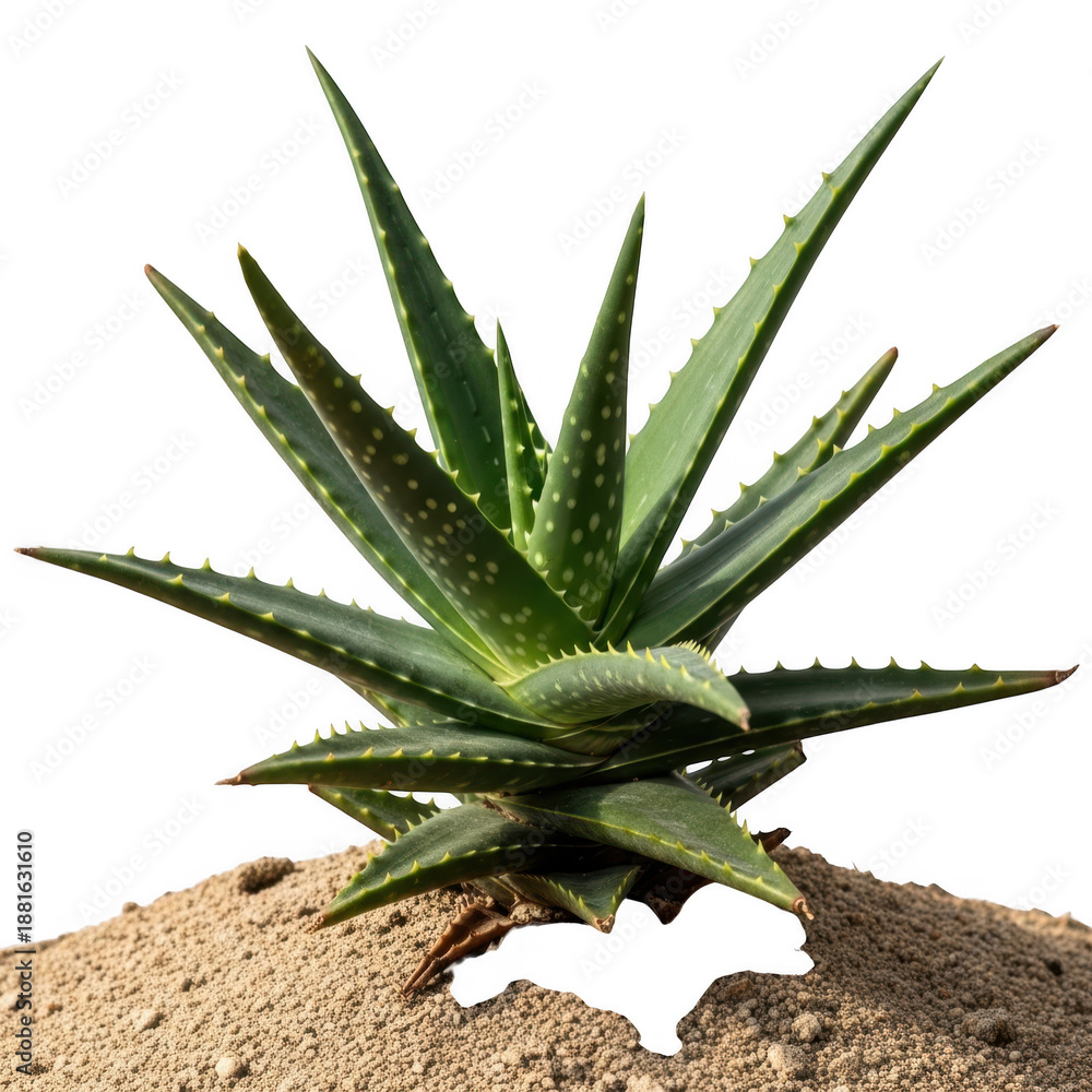 Fototapeta premium Vibrant aloe vera plant with thick green leaves, isolated on transparent background