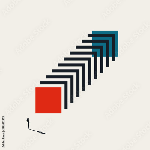 A minimal vector illustration of a business woman witnessing a transformation and change process. This concept represents growth, success, and a new career opportunity.