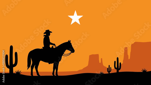 Cowboy Riding Horse Silhouette at Sunset with Texas Star and Desert Landscape Illustration