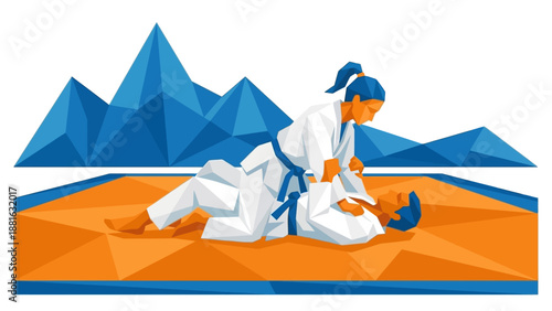 Female Judo Athlete Applying Ground Hold on Opponent with Geometric Mountain Background Illustration