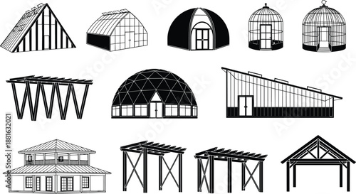 Architectural structure illustrations set featuring modern shelters pavilions greenhouses domes and pergolas black and white flat vector design
