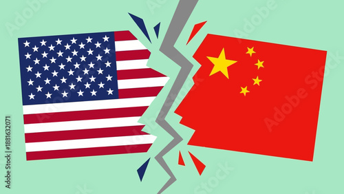 Cracked Split USA and China Flags Geopolitical Tension Rivalry Illustration