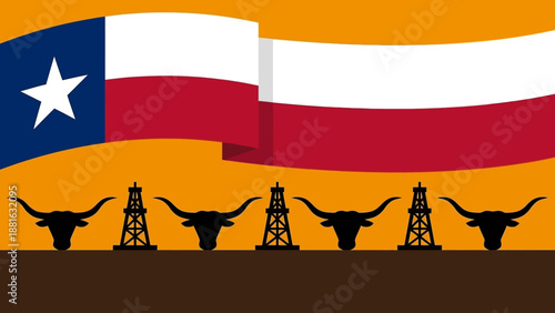 Valokuva Texas Flag with Longhorn Cattle and Oil Pumpjacks Patriotic Energy Illustration