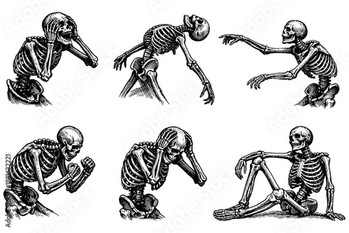 Expressive skeletons in various poses: monochrome hand-drawn art with dramatic expressions