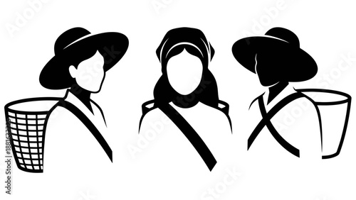 Bold Black Asian Women Trio with Conical Hats and Baskets Illustration