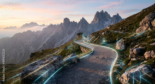 Digital route guidance overlay on a winding mountain road at sunset, illustrating augmented reality navigation, data connectivity, and technological advancement in remote landscapes.