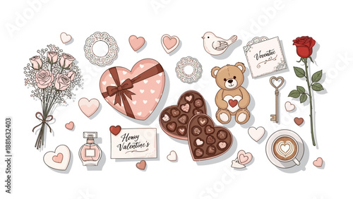 Valentine's Day collection featuring teddy bear, flowers, hearts, and chocolates arranged in a festive illustration