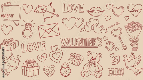 Valentine's day illustration with hearts, teddy bear, and love symbols in a festive digital artwork