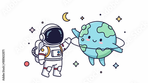 Astronaut Holding Cartoon Earth in Space.