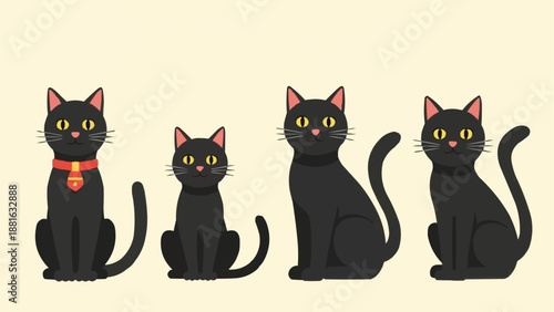 Four Black Cats Sitting Together Looking Forward.