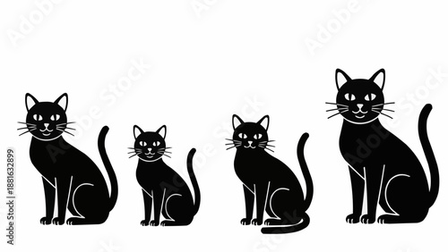 Four Black Cats Sitting Side By Side In A Row.