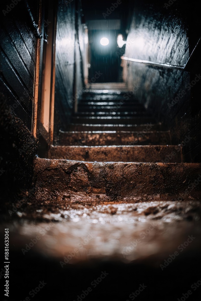 Fototapeta premium Dark, narrow stairwell with wet, muddy steps and slick black walls, ascending to a bright light at the top. Concept Dark narrow stairwell, Wet muddy steps, Slick black walls