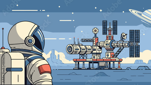 Astronaut in Space Suit Near Oil Rig.