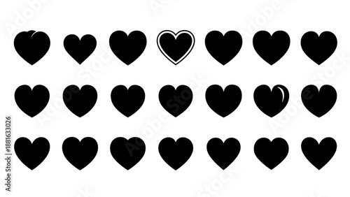 Collection of black heart icons with one highlighted heart in the center on a clean background