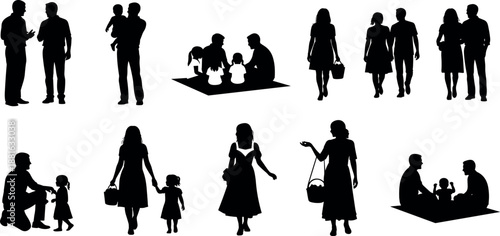 Set of black silhouettes featuring families walking, talking, sitting on picnic blankets, and parents with children on white.