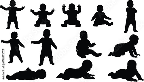 Baby silhouette set showing crawling, sitting, standing, and walking stages, infant growth development poses collection isolated on white