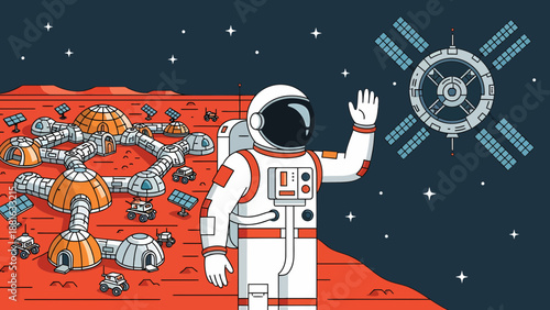 Astronaut in Space Suit Waving at Satellite.