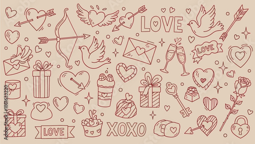 Valentine's Day illustrations featuring hearts, birds, gifts, and symbols of love in a whimsical design